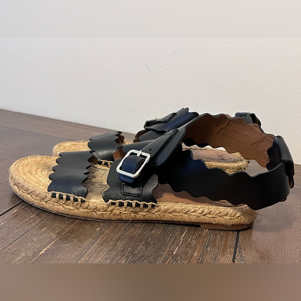Chloe Lauren Scalloped Black Leather Espadrilles size 37 Women’s size 7 - Picture 8 of 13